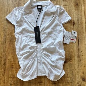 Dee Ocleppo White short sleeve shirted blouse Top with ruching XS